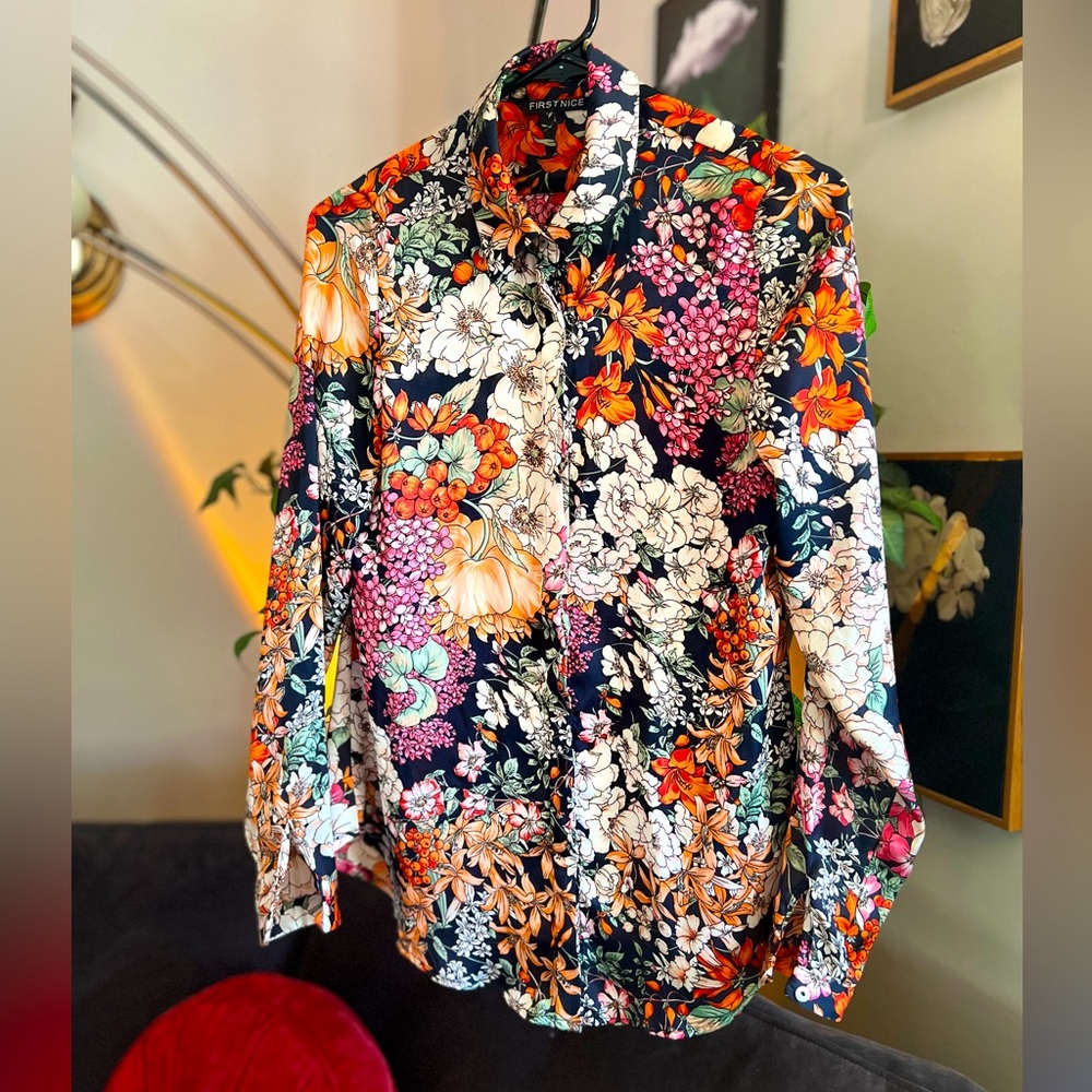 Mixed Flower Pattern Button Down Women’s Shirt. S… - image 1
